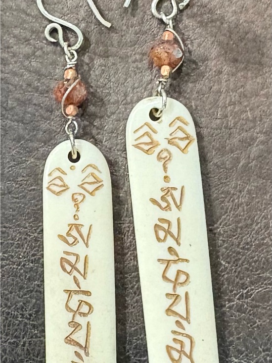 Jewelry - Handmade 925 sterling White Bone Tibetan Script Drop Earrings with Amber Beads